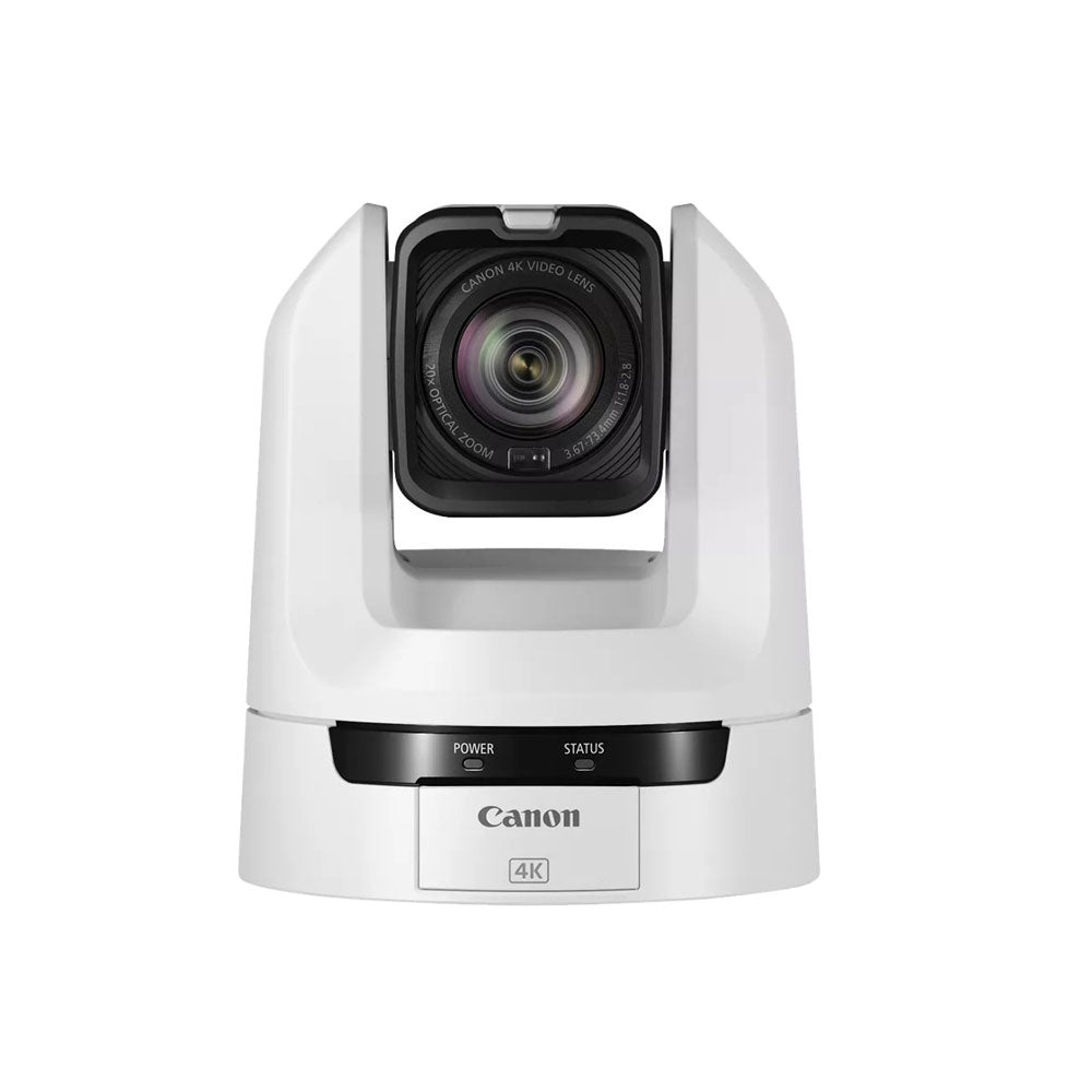 Canon CR-N100 white 20x zoom 4K NDI|HX PTZ camera front view with lens and controls. – image 1