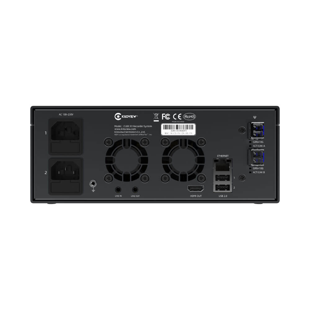 Rear view of Kiloview CUBE R1 production equipment with 1TB SSD storage kit, showcasing ports and rugged design. – image 3