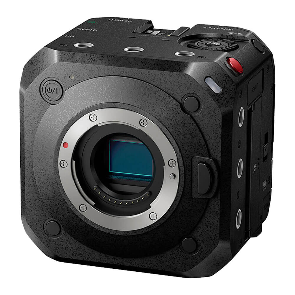Panasonic Lumix BGH1 4K cinema box camera showing front view with lens and body, ideal for professional filmmaking and video production. – image 1
