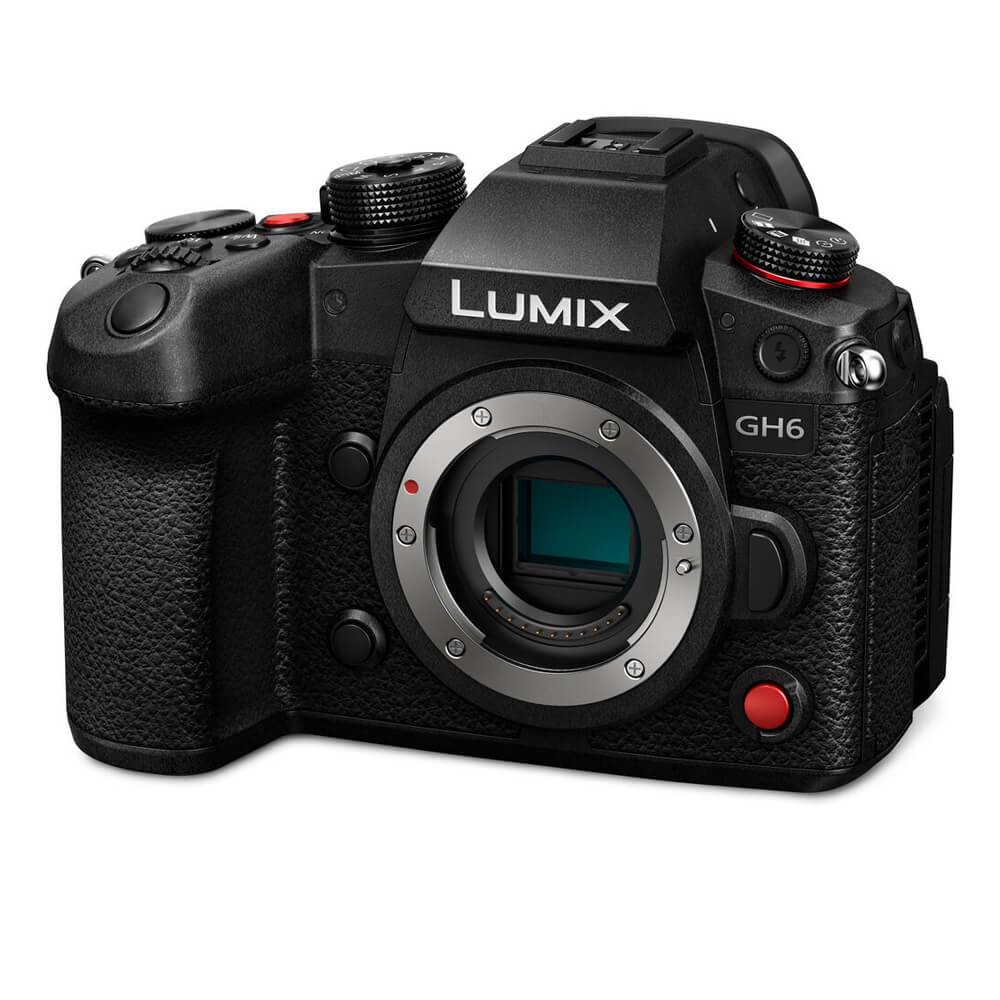 Panasonic Lumix GH6 mirrorless digital camera body shown from side angle with lens mount and control buttons visible – image 1