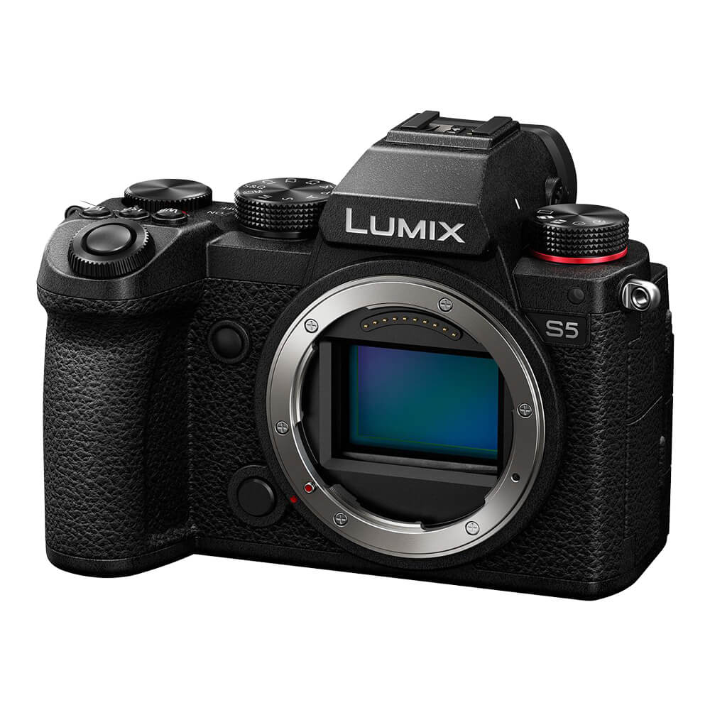 Panasonic Lumix S5 4K mirrorless digital camera with a sleek black body, featuring a large lens mount and control dials. – image 1