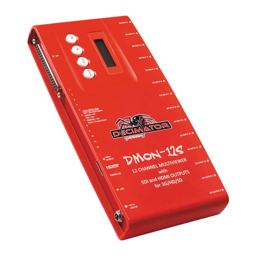 Decimator Design DMON-12S 12-channel multi-viewer with SDI and HDMI outputs, shown from the side-left angle. – image 1