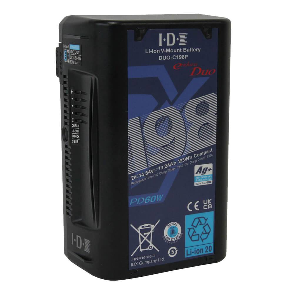 IDX System DUO-C198P 193Wh high-load V-mount Li-Ion battery for video cameras, showing the compact design and V-mount connector. – image 1