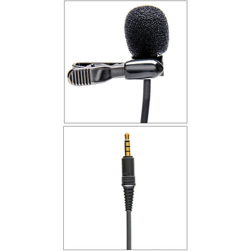 Azden i-Coustics EX-503i lavalier microphone connected to a smartphone, showing compact design for mobile audio recording. – image 2