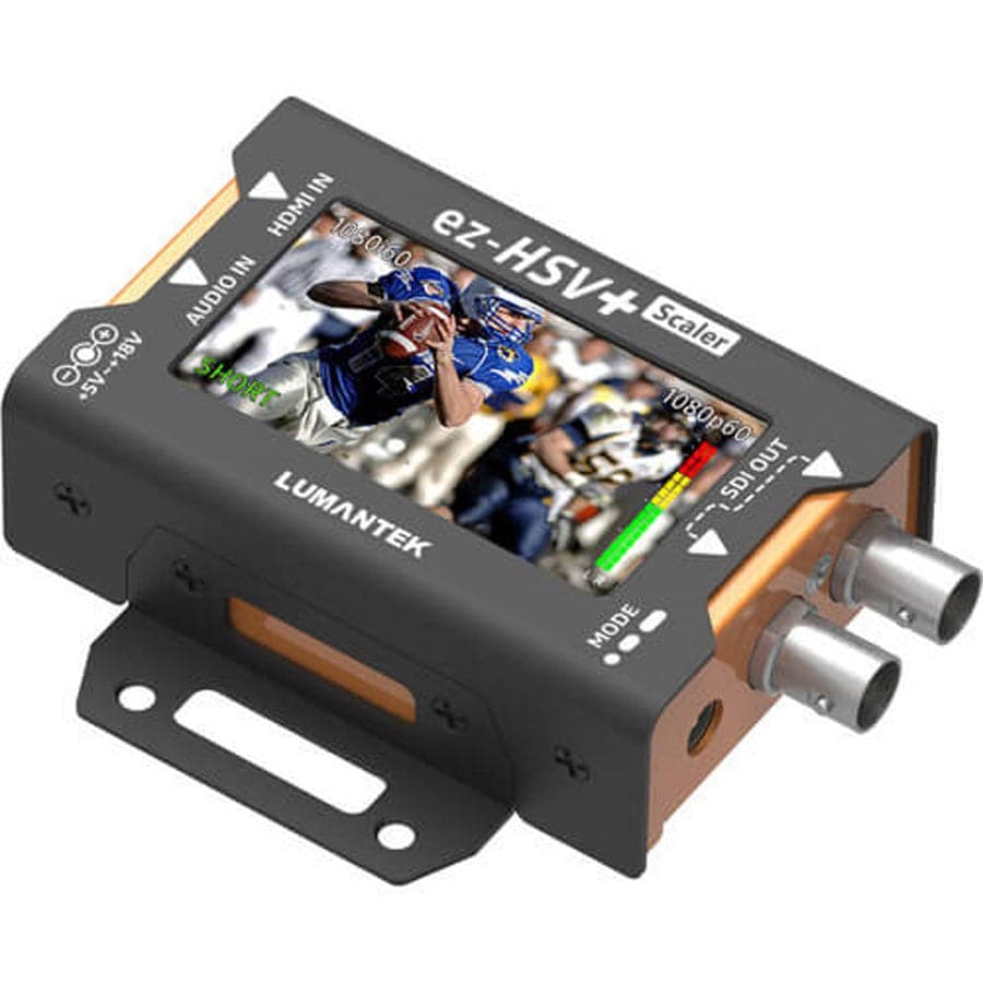 Lumantek HDMI to SDI video scaler with display and scaling features shown on the device in a professional setup. – image 1
