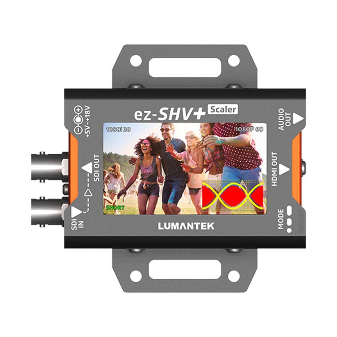 Lumantek SDI to HDMI video scaler converter with display screen showing input signal and output settings. – image 1