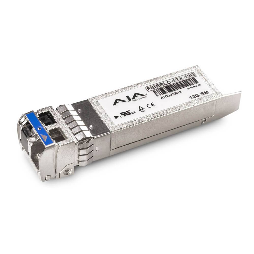AJA 12G-SDI Single Fiber LC Transmitter SFP optical module for FS4, shown with fiber optic connector and module details. – image 1