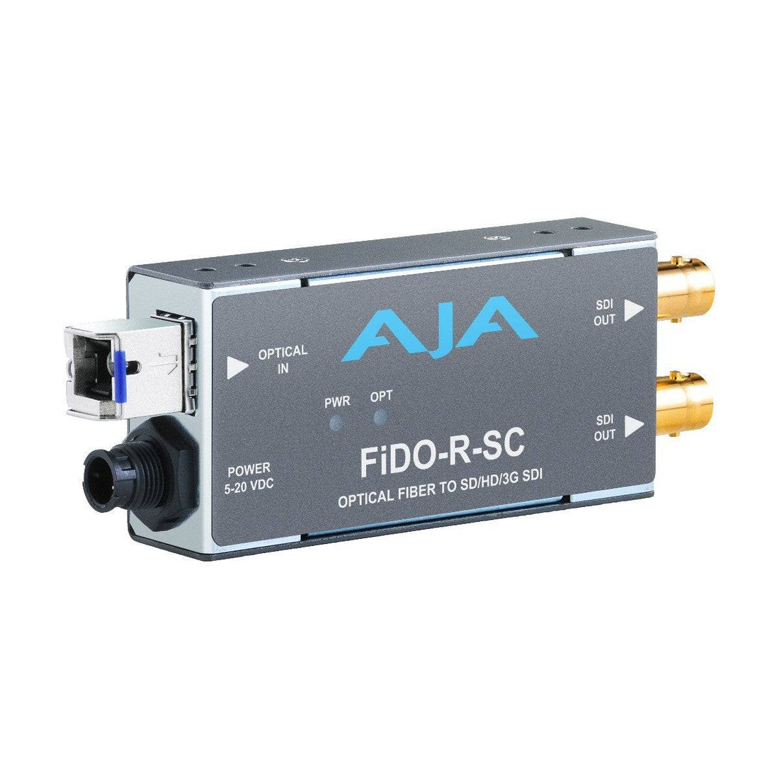 AJA FiDO-R-SC single-channel fiber to 3G-SDI mini converter with SC fiber port and 3G-SDI output, compact video conversion device – image 1