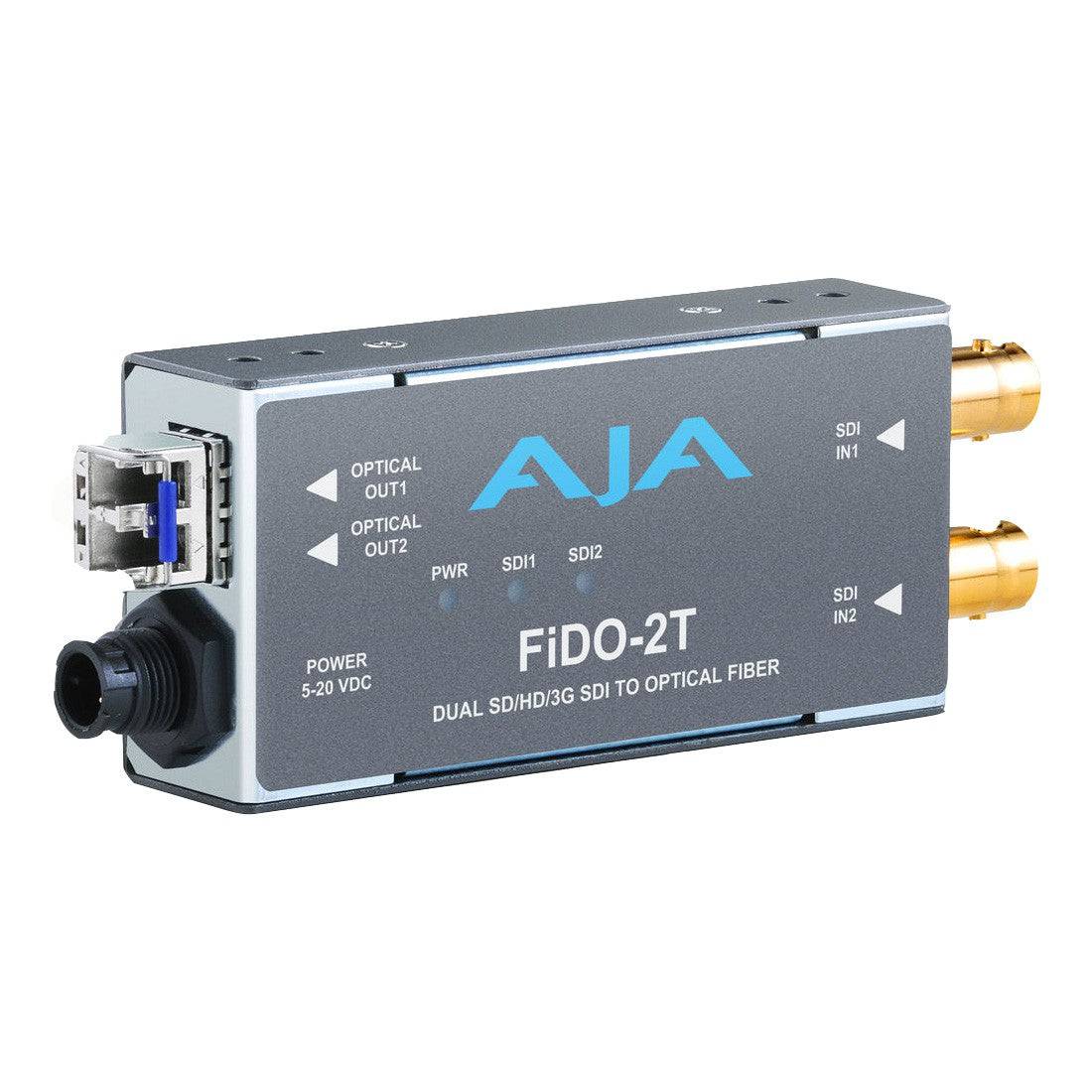 AJA FiDO-2T dual channel 3G-SDI to LC fiber video converter showing the device with connectors and indicator lights. – image 1