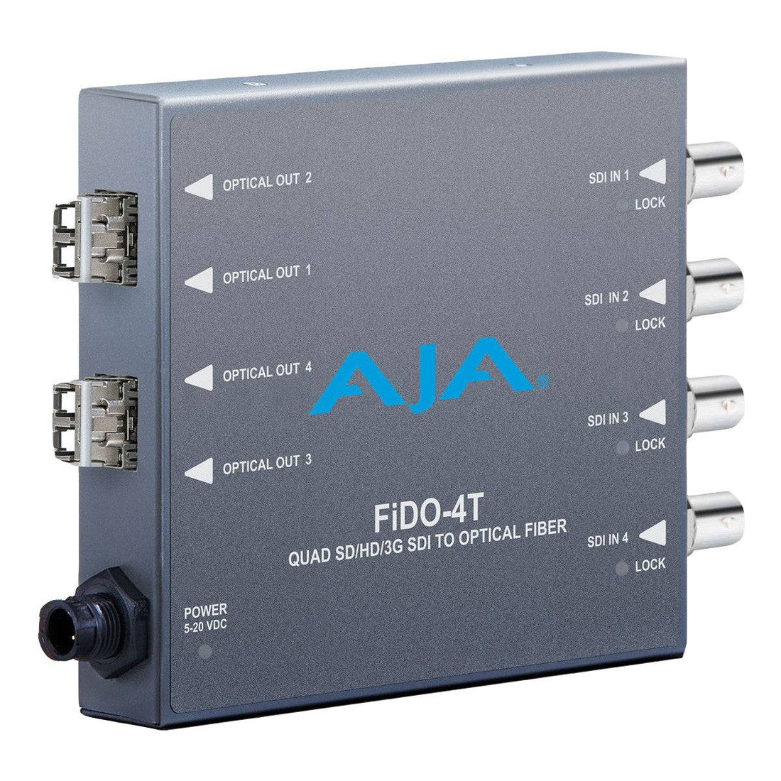 AJA FiDO-4T-MM quad-channel 3G-SDI to multi-mode LC fiber video converter with connectors visible. – image 1