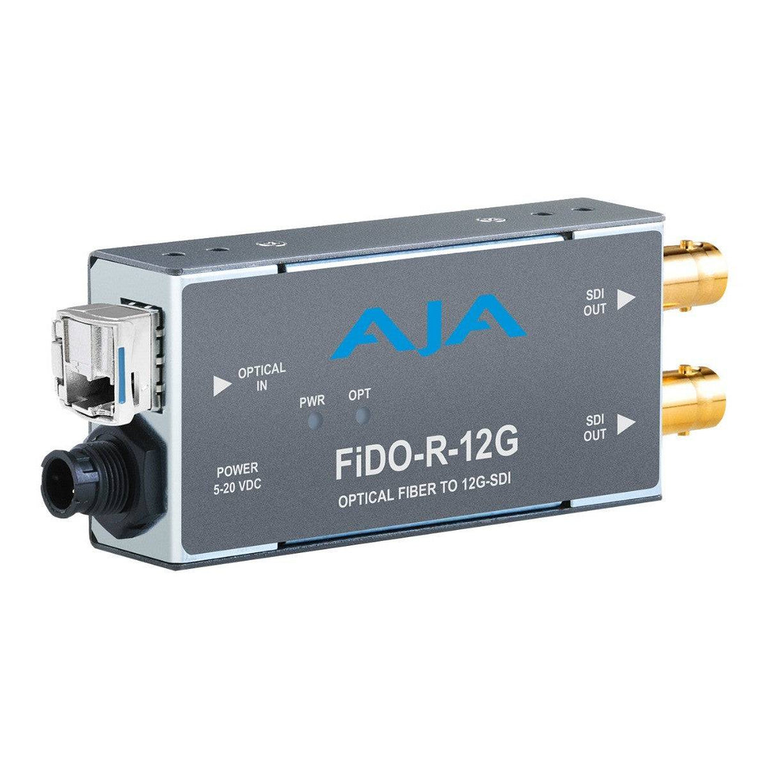 AJA FiDO-R-12G single-channel LC fiber to 12G-SDI video converter showing the device with ports and LED indicators. – image 1
