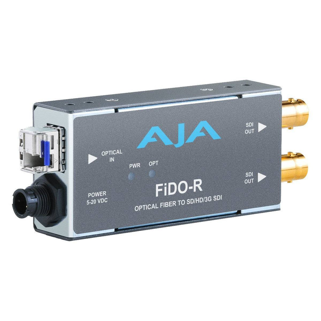 AJA FiDO-R single-channel LC fiber to 3G-SDI video converter with power and signal ports on a technical device. – image 1