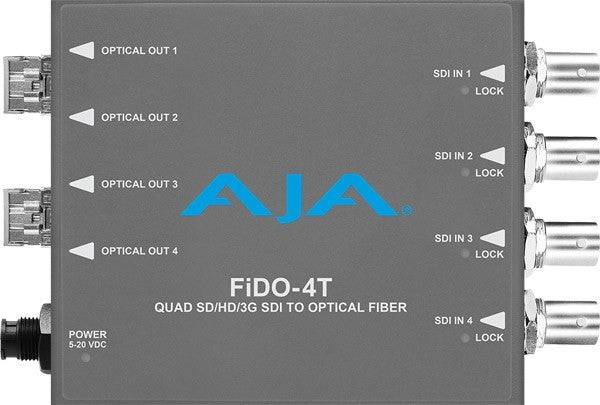 AJA FiDO-4T-X quad-channel 3G-SDI to LC fiber video converter with four SDI input ports and fiber optic output connectors. – image 1