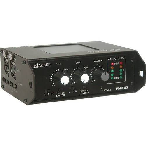 Azden FMX-22 portable field audio mixer with multiple input controls and compact design for professional sound mixing. – image 1
