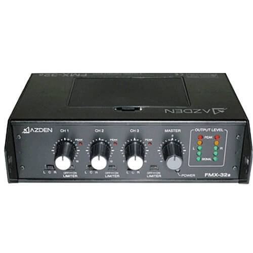 Azden FMX-32A 3-channel portable audio mixer with knobs and input jacks for professional sound mixing in a compact design. – image 1