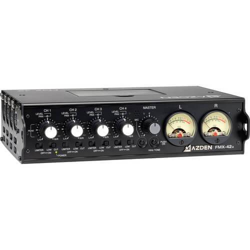 Azden FMX-42a 4-channel audio mixer with 10-pin camera return ports, compact professional field audio mixer for video production. – image 1