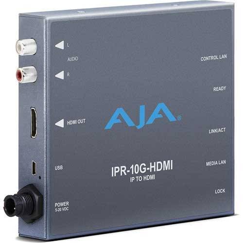 AJA IPR-10G-HDMI SMPTE ST 2110 video and audio to HDMI mini-converter front view showing ports and controls – image 1