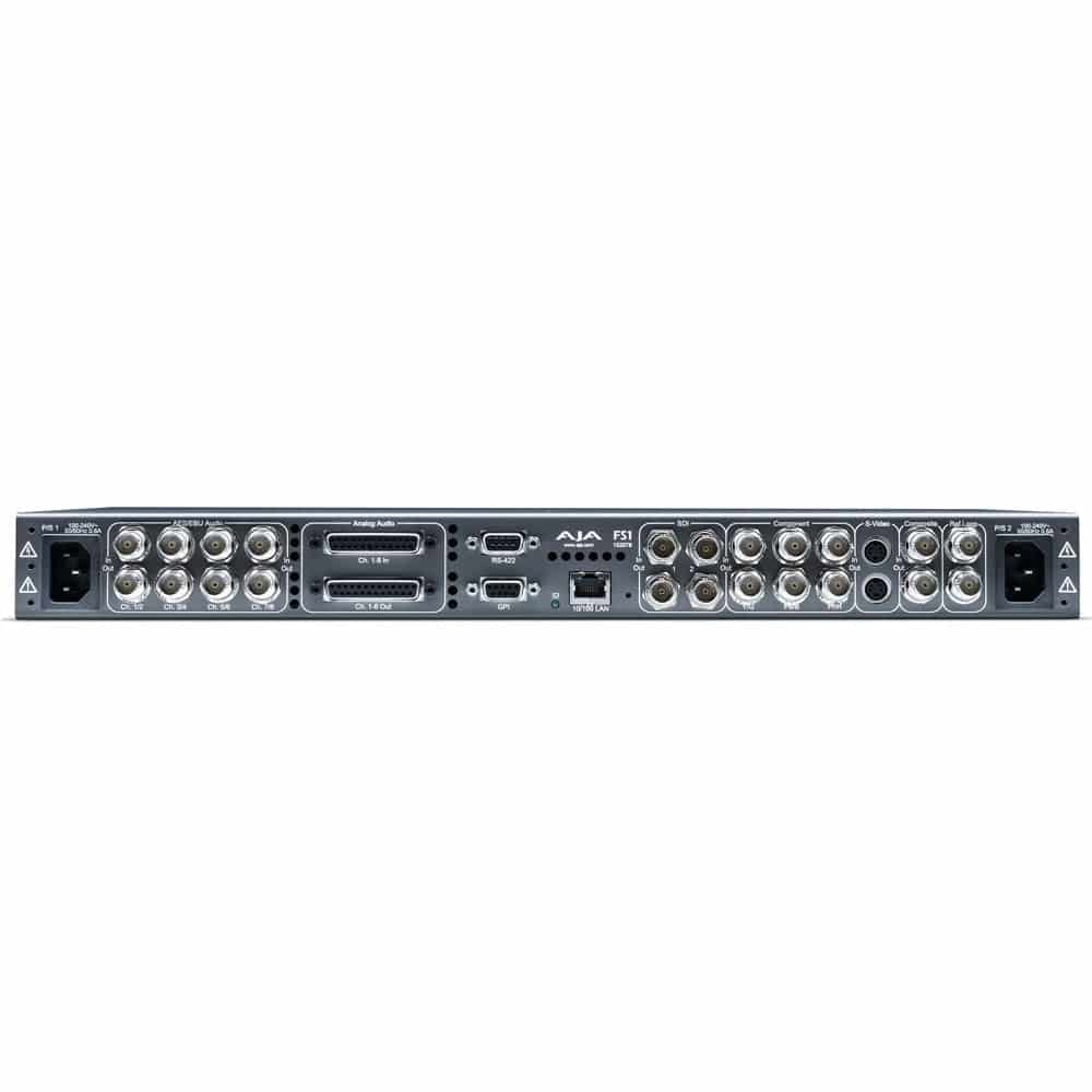 Rear view of AJA FS1 Frame Synchronizer and Video Converter showing input/output ports and control panel. – image 2