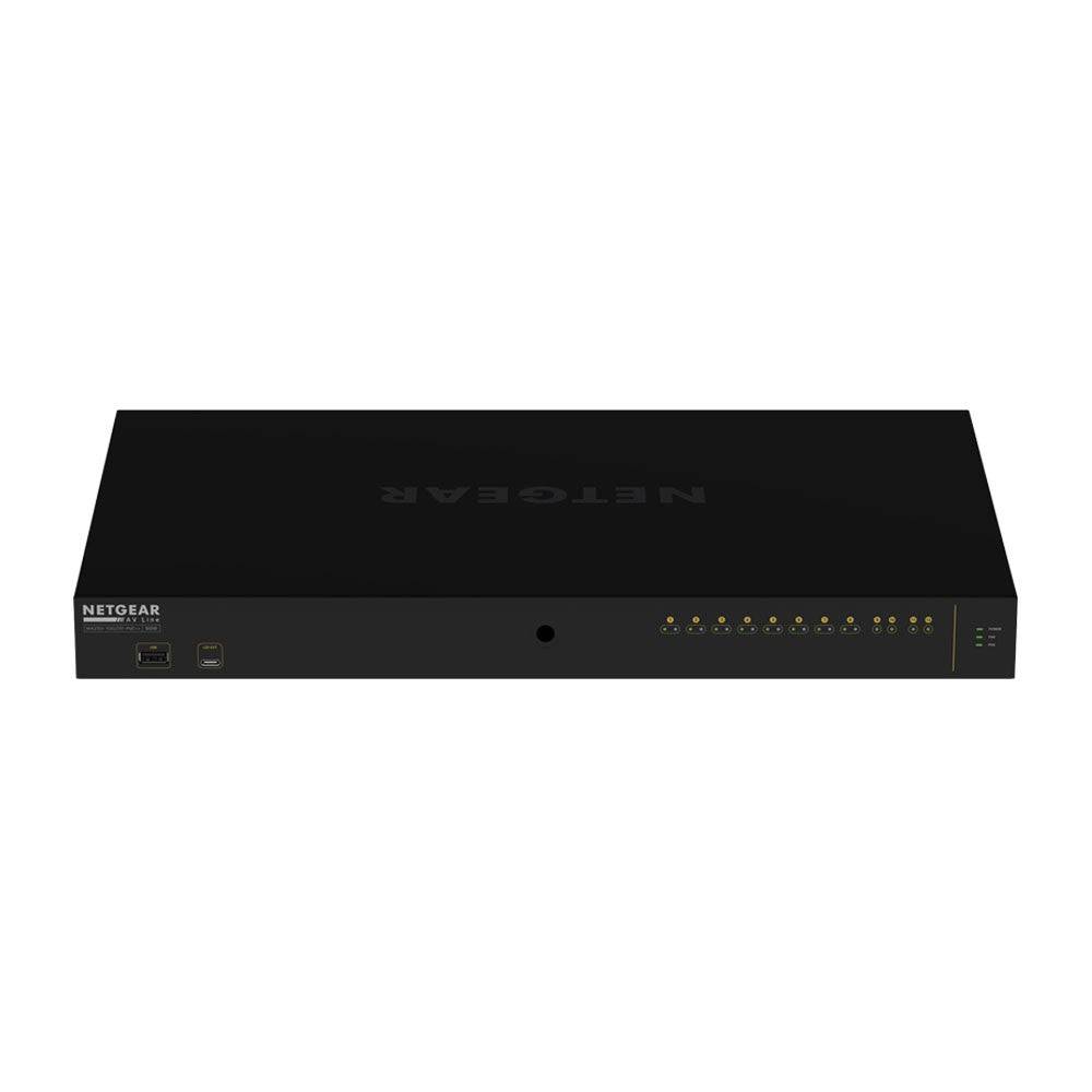 BirdDog 3x P240 PTZ cameras in black with NETGEAR GSM4212UX switch, showing front view of the network switch with ports. – image 5