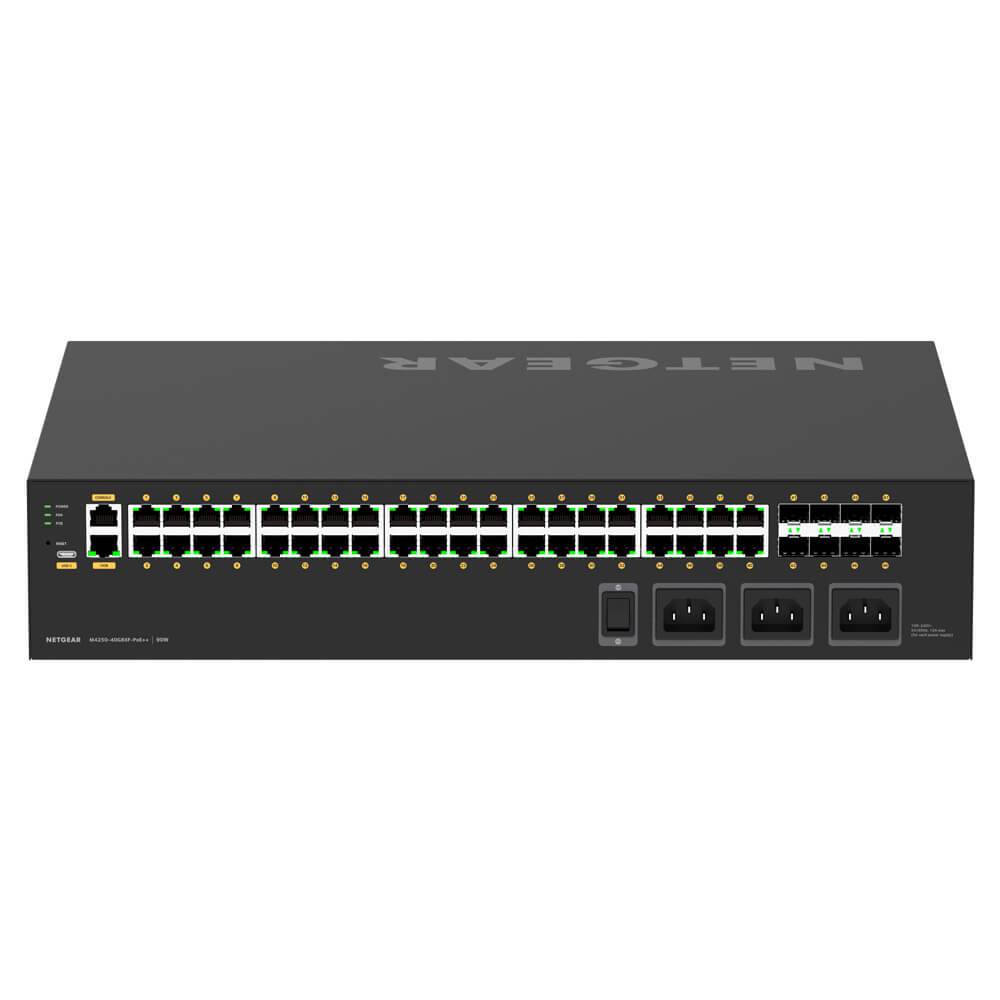 Netgear AV Line M4250 GSM4248UX managed switch with 48 gigabit ports, PoE++ support, and rear port view. – image 2