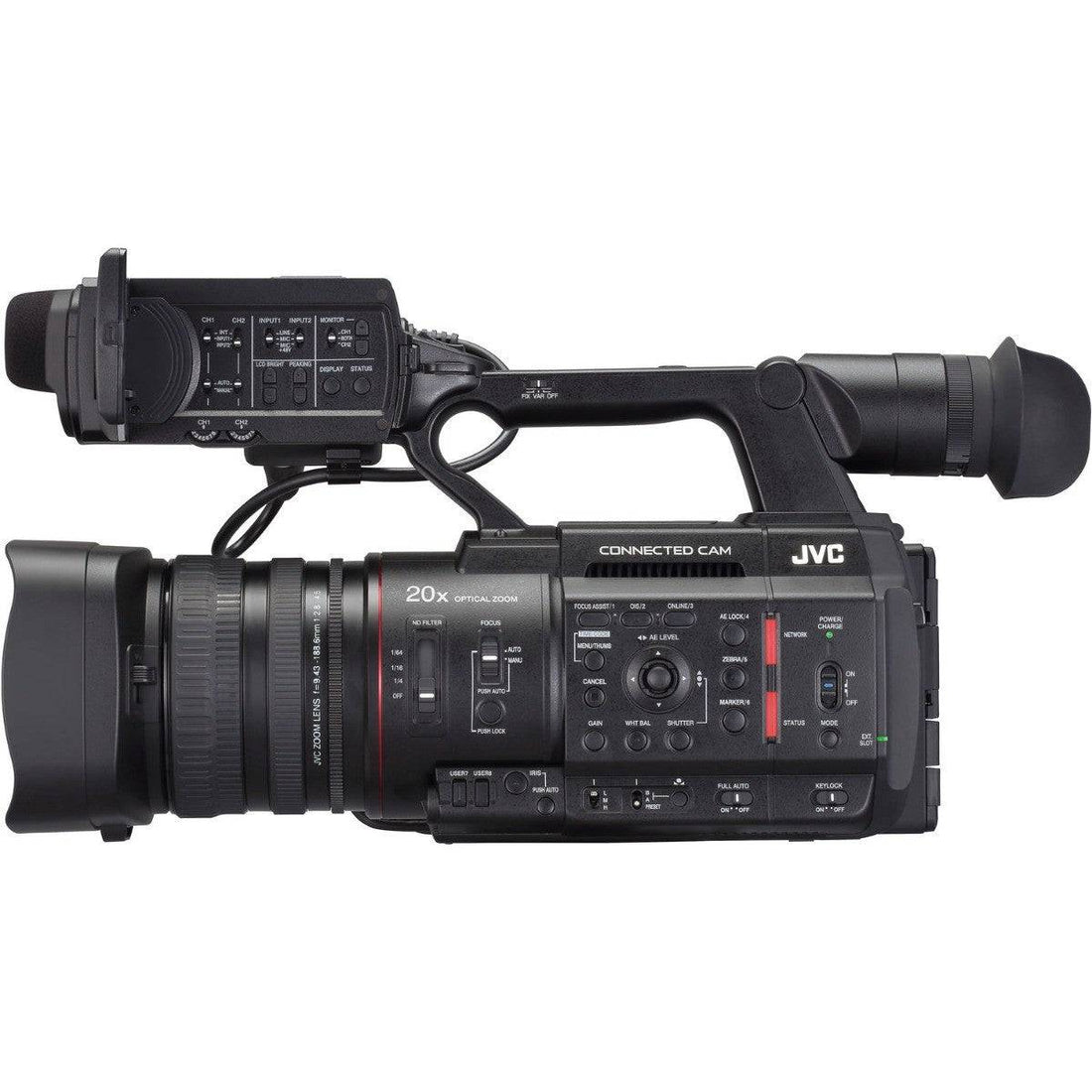 JVC GY-HC500U handheld 4K professional camcorder with lens and display screen visible from the front angle. – image 4