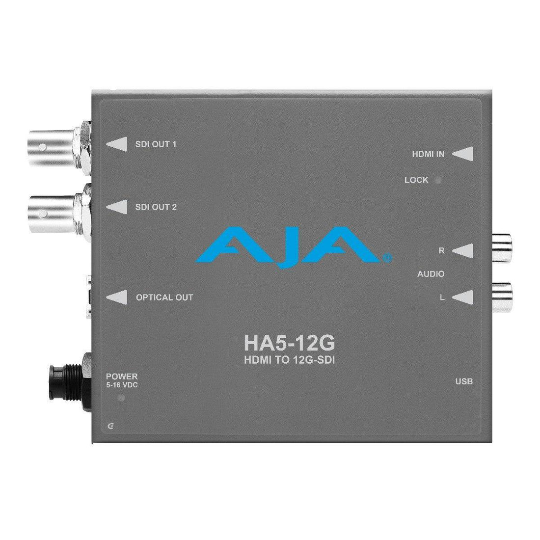 AJA HA5-12G HDMI 2.0 to 12G-SDI video converter device with input and output ports for professional video signal conversion. – image 1