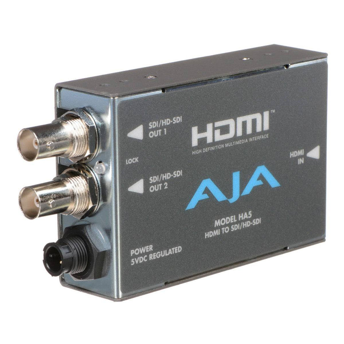 AJA HA5 HDMI to HD/SD SDI and audio converter showing the device with HDMI and SDI ports on a sleek black unit. – image 1