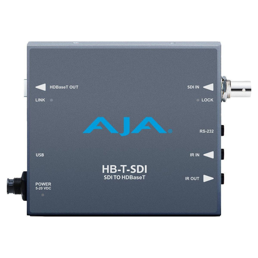 AJA SDI to HDBaseT video converter transmitter showing the compact device with SDI input and HDBaseT output port. – image 2