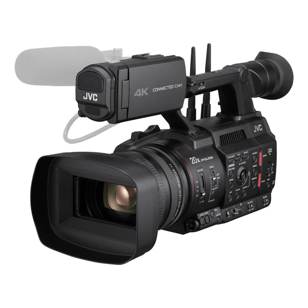 JVC GY-HC550UN 4K NDI professional camcorder showing front view with lens and built-in microphone for high-quality video recording. – image 1
