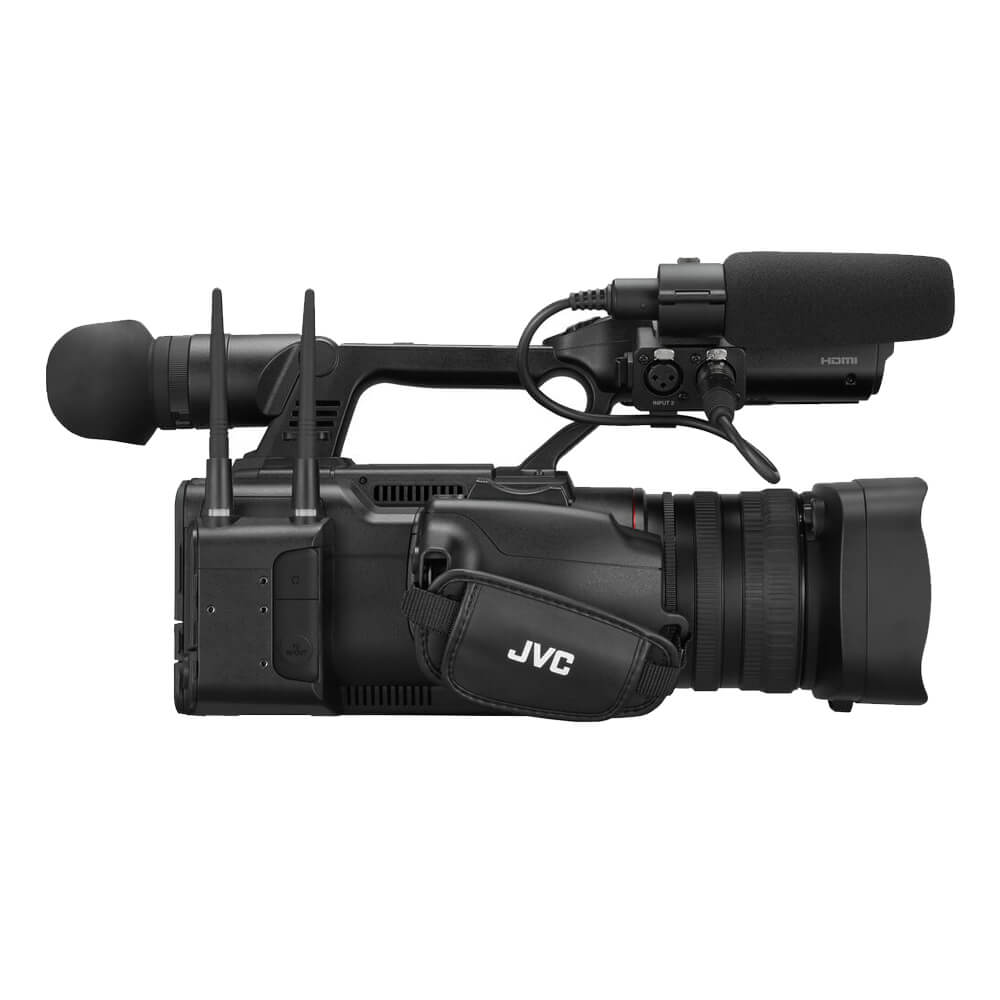 JVC GY-HC550UN professional 4K NDI camcorder shown from the side, featuring a compact design and professional recording features. – image 6