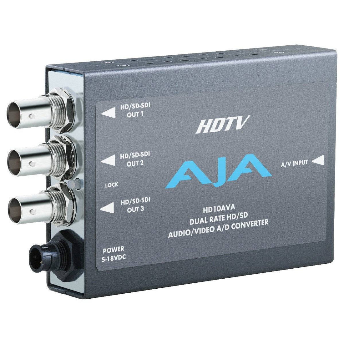 AJA HD10AVA analog video and audio to SD/HD-SDI mini-converter device with input and output ports visible. – image 1