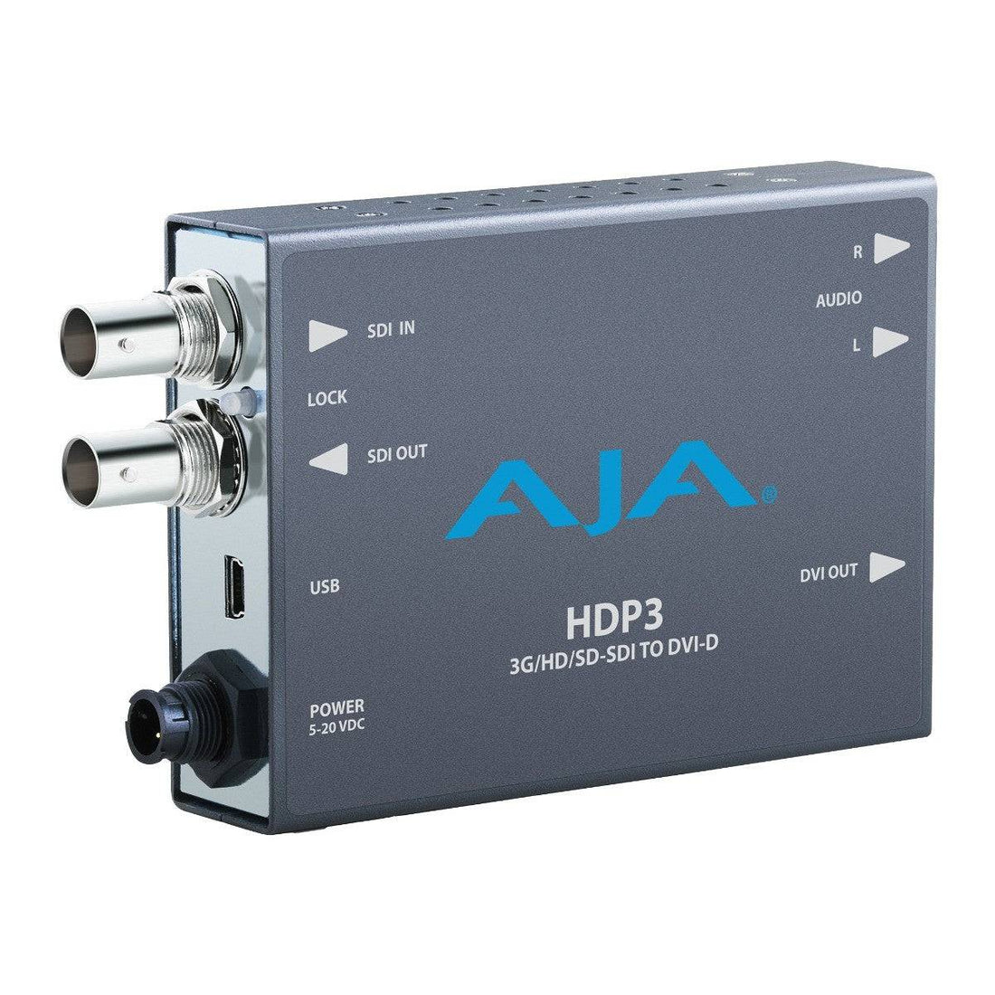 AJA HDP3 3G-SDI to DVI-D and audio converter demonstrating the device with cables connected for video and audio signal conversion. – image 1