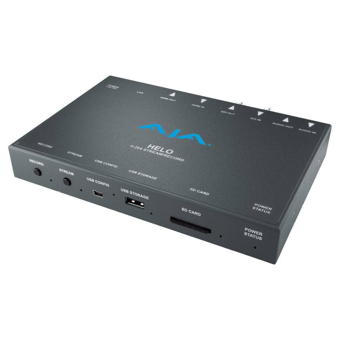 AJA HELO H.264 video streamer and recorder device showing front panel with input ports and control buttons. – image 1