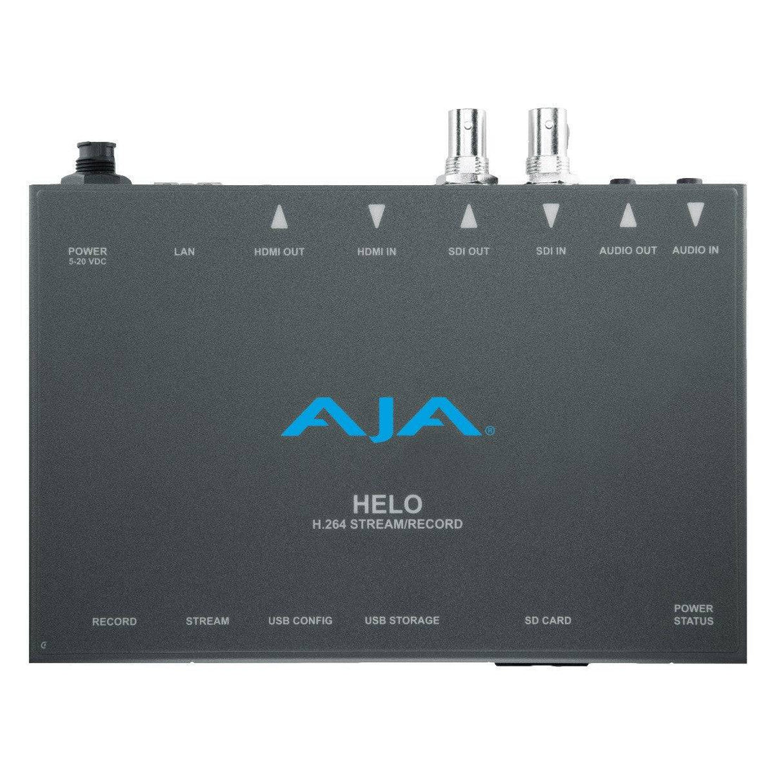 AJA HELO H.264 streamer and recorder device with front panel controls and connection ports, used for video streaming and recording. – image 2