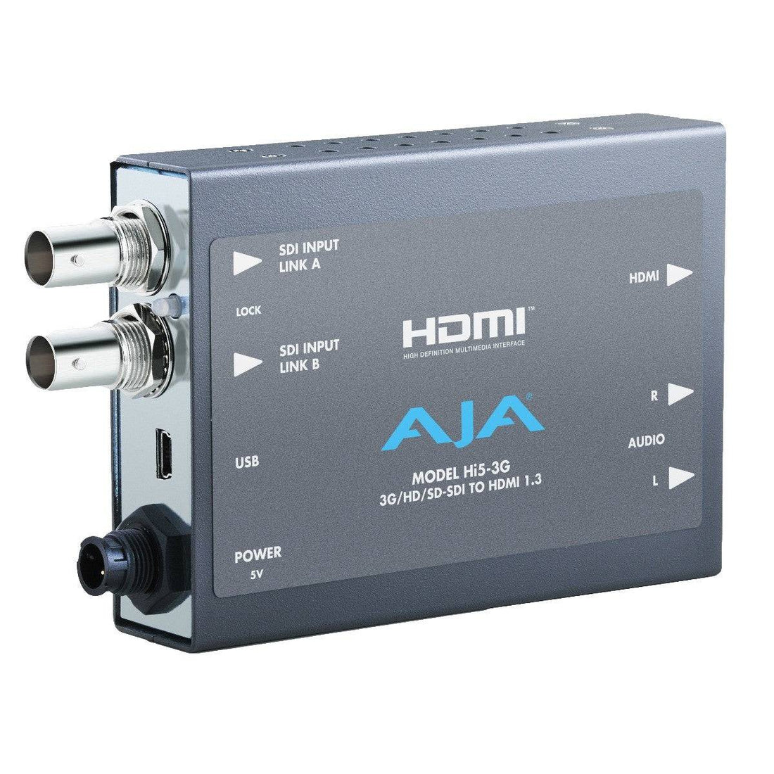 AJA Hi5-3G 3G/HD-SDI to HDMI mini-converter showing the compact device with SDI and HDMI ports for professional video conversion. – image 1