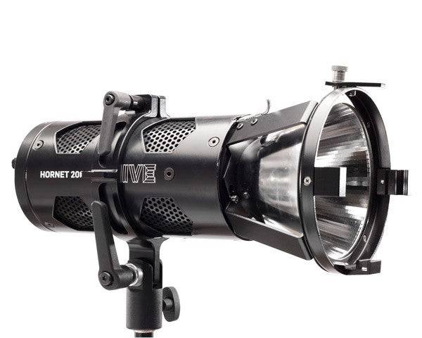Hive Lighting Hornet 200-C Flood Omni-Color LED light used in professional production, showing its compact design and adjustable controls. – image 1