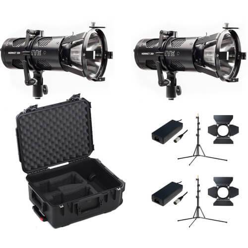 Hive Lighting Hornet 200-C LED flood light kit with two lights, stands, and custom foam case for production lighting setups. – image 1