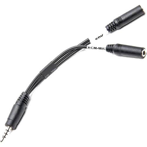 Azden i-Coustics HX-Mi TRRS microphone and headphone cable for smartphones and tablets, shown connected to a device. – image 1