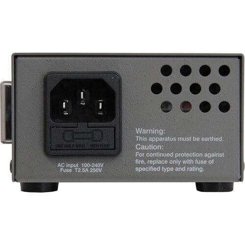 IDX System Technology Single Channel DC Power Supply for video cameras, showing connections and control panel from the back. – image 1