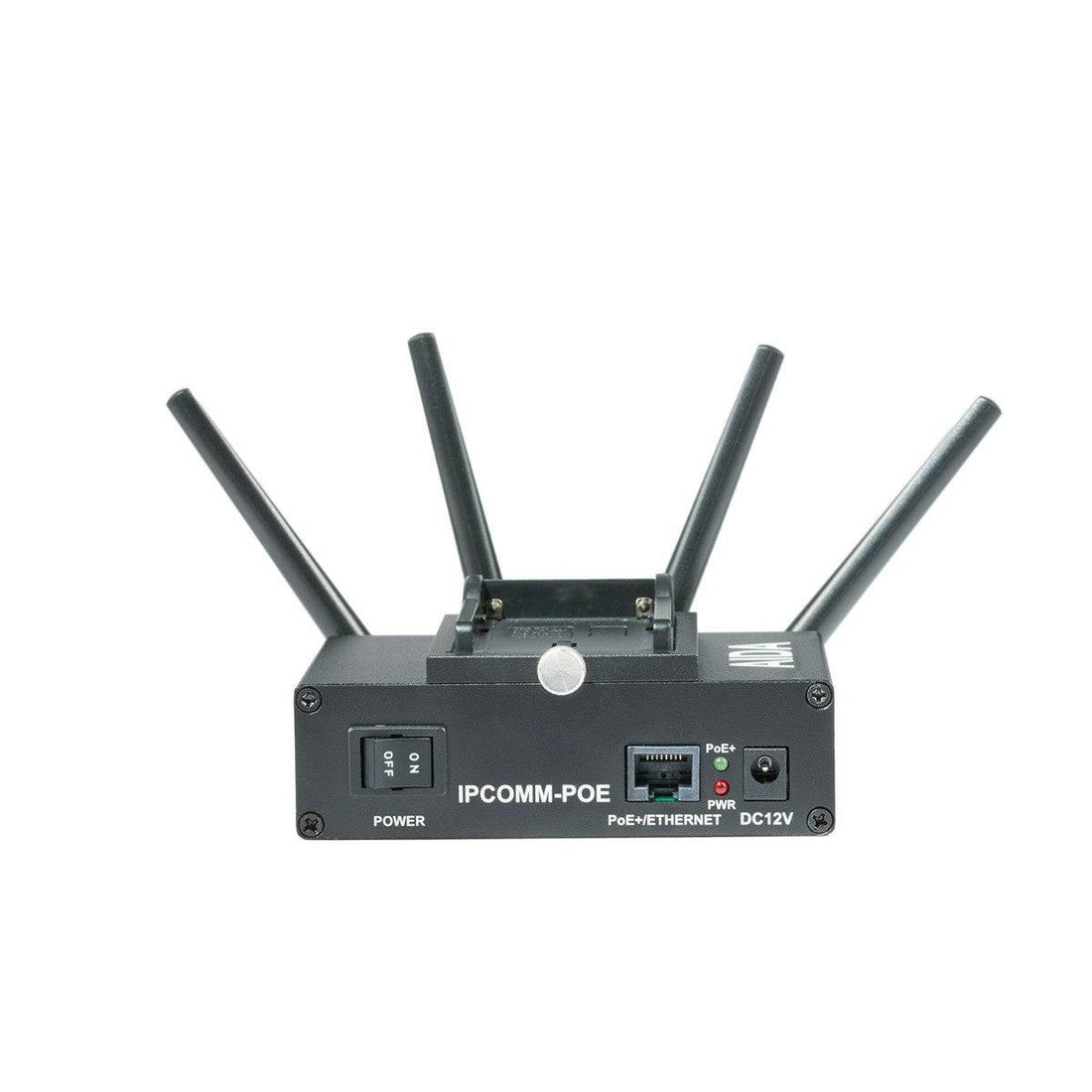 AIDA Imaging IPCOMM-POE wireless video transmitter and controller with PoE+ connection, shown with front and side views. – image 1
