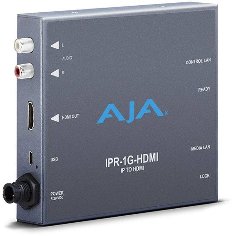 AJA IPR-1G-HDMI IP video to HDMI converter connected to a device, showcasing its compact design and input/output ports. – image 1