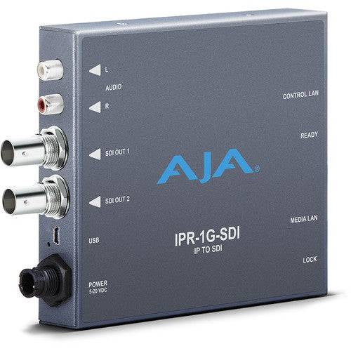 AJA IPR-1G-SDI video converter converting IP video signals to 3G-SDI output, shown with front view of device and ports. – image 1