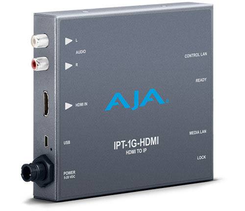 AJA IPT-1G-HDMI HDMI to IP video converter device shown with ports and labels on a white background. – image 1