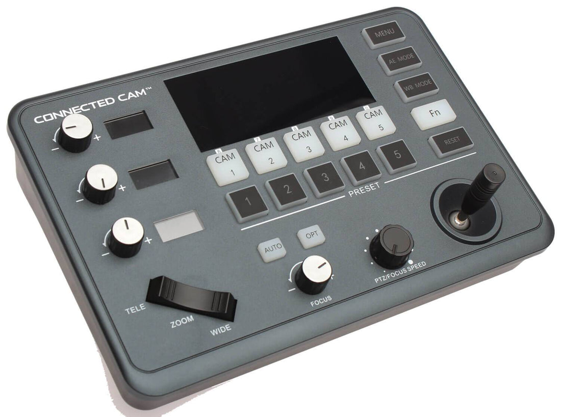Front left view of JVC RM-LP5G compact joystick PTZ controller with ergonomic controls and durable design. – image 1