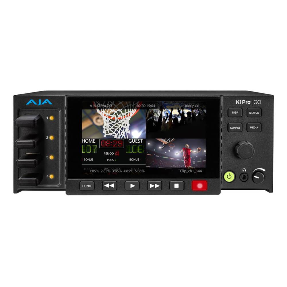 AJA Ki Pro GO multi-channel H.264 video recorder and player showing front view with multiple input ports and control buttons. – image 1