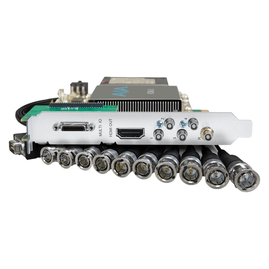 AJA KONA 5 12G-SDI HFR 8K capture and playback card with connected cables for professional video editing and broadcasting. – image 2