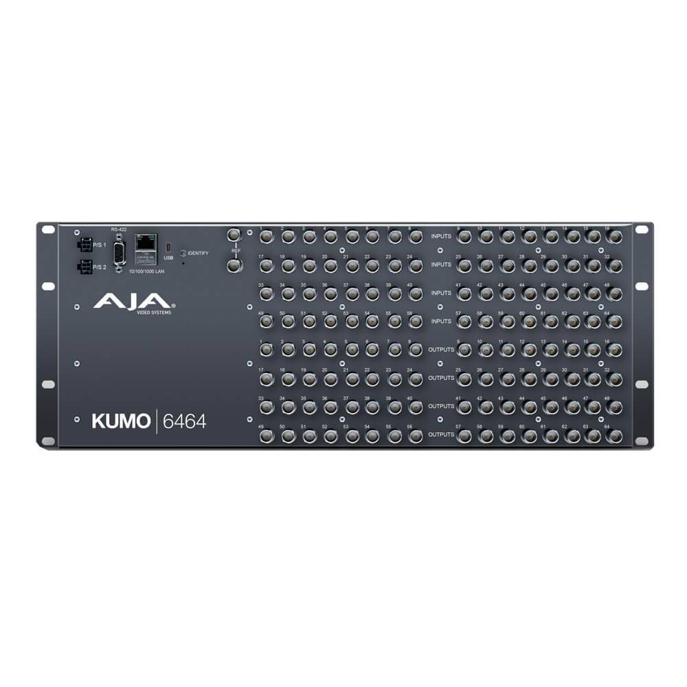 AJA KUMO 64x64 Compact 3G-SDI SDI Video Router rear view showing input and output ports for professional broadcast connections. – image 2