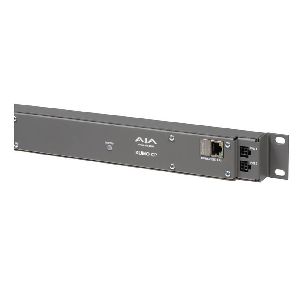 AJA KUMO CP remote control panel for video router showing back view with connections and port labels. – image 2