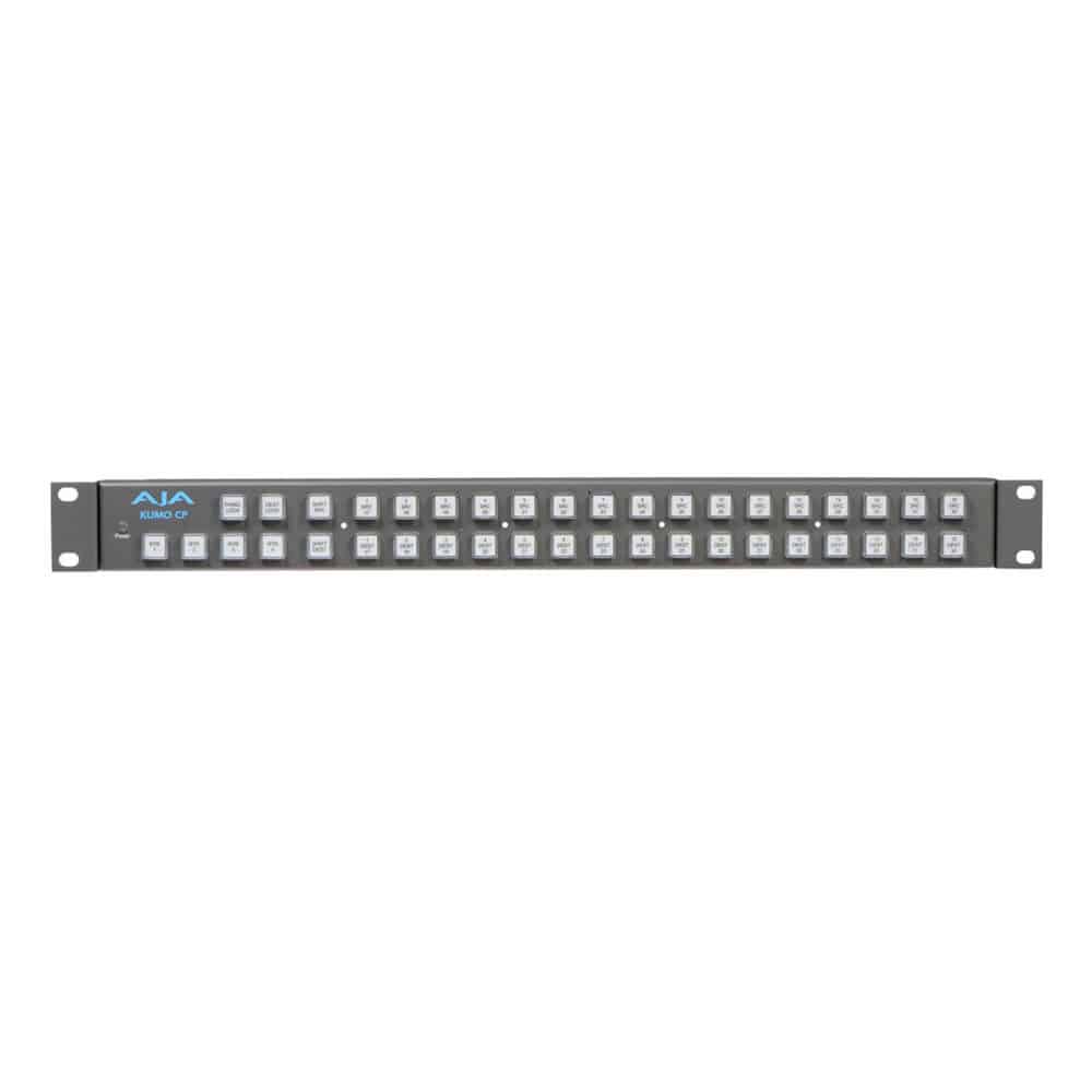 AJA KUMO CP remote control panel for video routing, showing buttons and display screen on a sleek black device. – image 1
