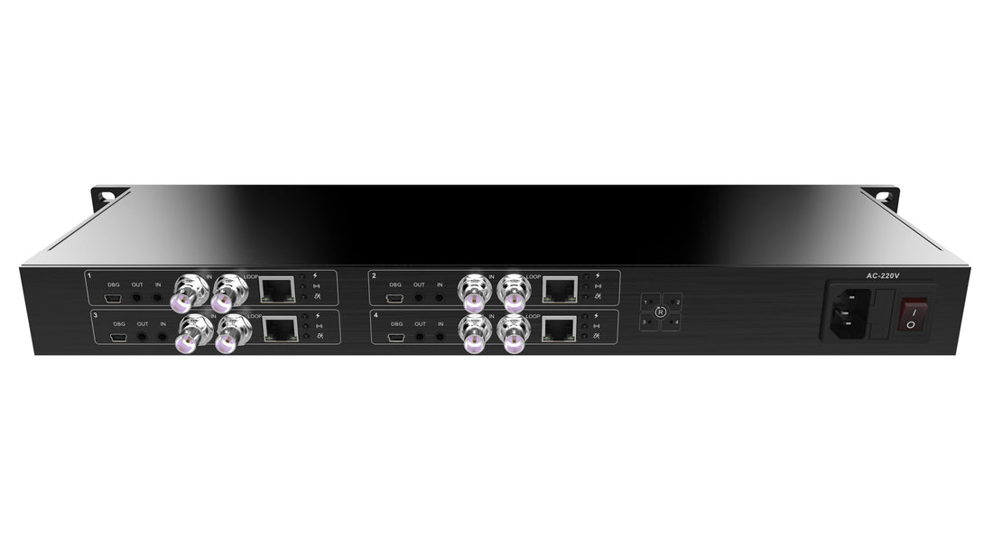 Kiloview Quad SDI video encoding module mounted in 1U rack, professional production equipment for live video streaming and encoding. – image 2